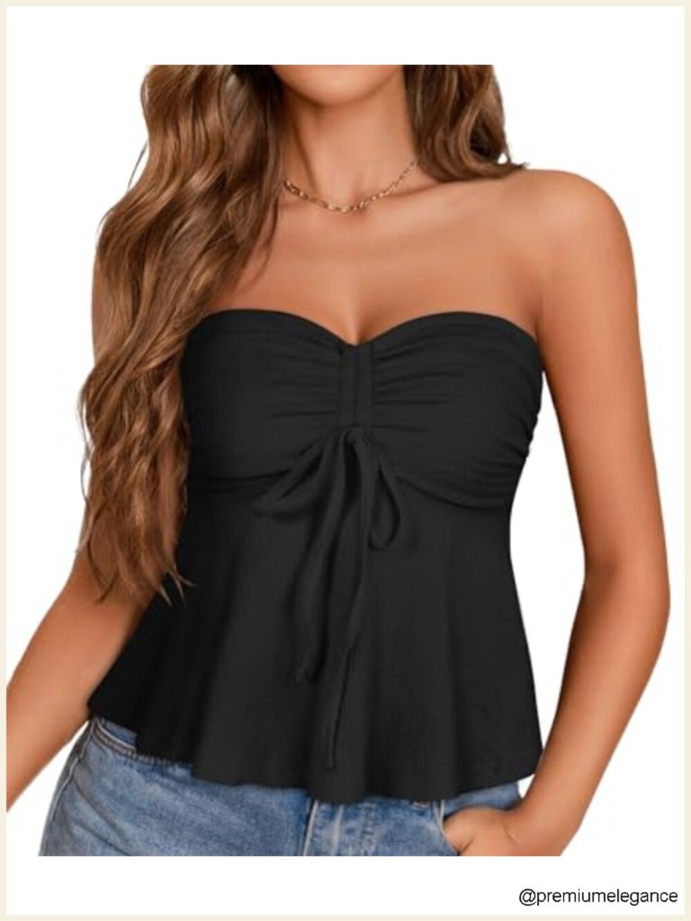 Women's Strapless Tube Top Ruched Tie Front Flared Peplum Bandeau Casual Summer